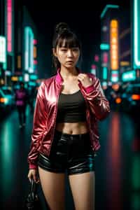 a detailed portrait of hot sexy woman actress wearing jacket, standing in street pose for photo, confident, in a cyberpunk bladerunner vaporwave city, (cyberpunk), city from year 2300