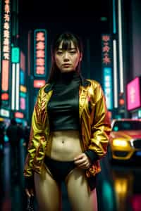a detailed portrait of hot sexy woman actress wearing jacket, standing in street pose for photo, confident, in a cyberpunk bladerunner vaporwave city, (cyberpunk), city from year 2300