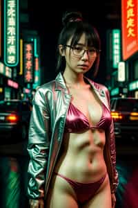 a detailed portrait of intelligent woman actress with thin frame hipster glasses wearing silver bikini and jacket, in a cyberpunk bladerunner vaporwave city, (cyberpunk), city from year 2300, red lights neon, 90s hair bun style, 