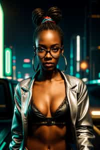 a detailed portrait of intelligent woman actress with thin frame hipster glasses wearing silver bikini and jacket, in a cyberpunk bladerunner vaporwave city, (cyberpunk), city from year 2300, red lights neon, 90s hair bun style, 