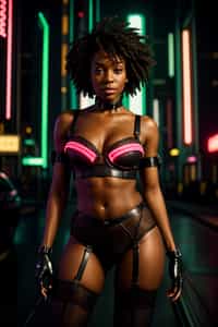a detailed portrait of intelligent woman actress standing in street wearing stockings garters suspenders lingerie pvc latex lingerie, in a cyberpunk bladerunner vaporwave city, (cyberpunk), city from year 2300, red lights neon with prosthetic robot arm cybernetic