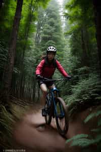 woman as individual mountain biking through a dense forest trail