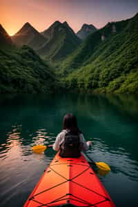woman as explorer kayaking in a serene lake with a mesmerizing sunset backdrop