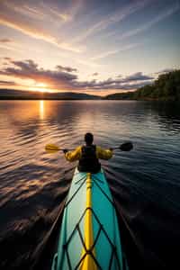 man as explorer kayaking in a serene lake with a mesmerizing sunset backdrop