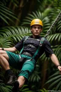 man zip-lining through a tropical rainforest canopy