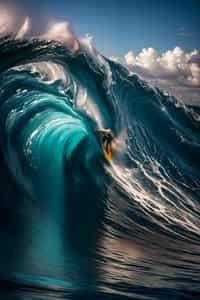 man as individual surfing a massive wave in a clear, blue ocean