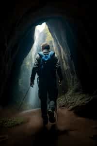 man as individual hiking through an impressive cave system