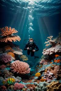 man scuba diving in a stunning coral reef, surrounded by colorful fish