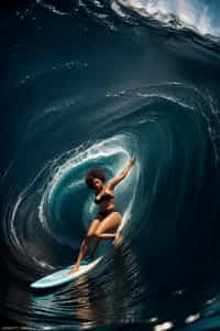 woman as individual surfing a massive wave in a clear, blue ocean
