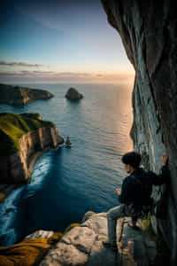 man as adventurer rock climbing a daunting cliff with a breathtaking sea view