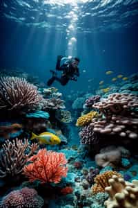 man scuba diving in a stunning coral reef, surrounded by colorful fish