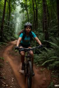 woman as individual mountain biking through a dense forest trail