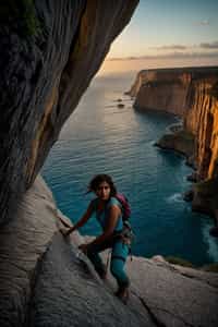 woman as adventurer rock climbing a daunting cliff with a breathtaking sea view