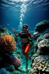 woman scuba diving in a stunning coral reef, surrounded by colorful fish