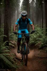 man as individual mountain biking through a dense forest trail