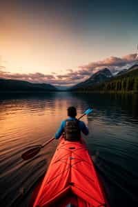 man as explorer kayaking in a serene lake with a mesmerizing sunset backdrop