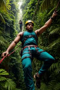 man zip-lining through a tropical rainforest canopy