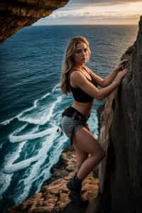 woman as adventurer rock climbing a daunting cliff with a breathtaking sea view