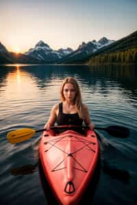 woman as explorer kayaking in a serene lake with a mesmerizing sunset backdrop