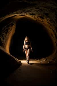 woman as individual hiking through an impressive cave system