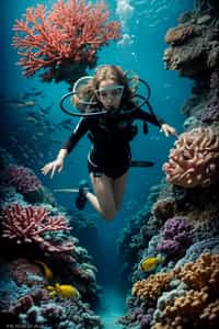 woman scuba diving in a stunning coral reef, surrounded by colorful fish
