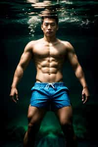 man in  swim shorts underwater, showcasing athletic ability