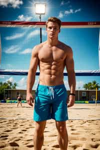 man in  swim trunks on a beach volleyball court, ready to serve