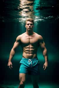 man in  swim shorts underwater, showcasing athletic ability