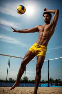 man in  swim trunks on a beach volleyball court, ready to serve