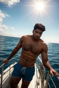 man in  swim shorts on a yacht, enjoying the sun and sea