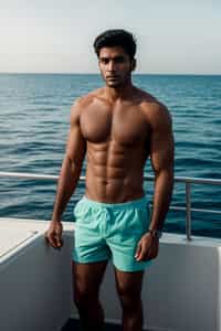 man in  swim shorts on a yacht, enjoying the sun and sea