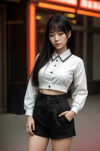 Korean woman (with black hair) (as korean kpop k-pop idol) posing for photo, wearing Korean clothes, Korean fashion, Korean fashion, Korean makeup, (in front of solid background)