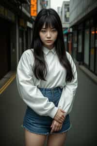 Korean woman (with black hair) (as korean kpop k-pop idol) posing for photo, wearing Korean clothes, Korean fashion, Korean fashion, Korean makeup, (in front of solid background)