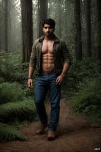 man with enticing allure in  rugged outdoor outfit in a serene forest setting