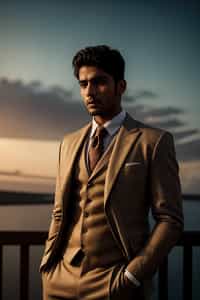 man in  dapper suit, radiating allure under the soft glow of a sunset