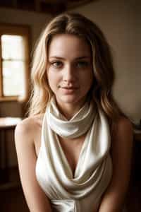 woman with a seductive smile, donned in a soft silk scarf , under warm indoor lighting