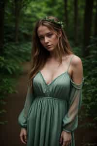 woman with enticing allure in flowy bohemian dress  in a serene forest setting