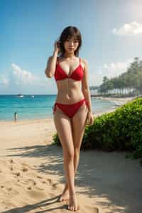 (full-body shot) of woman in a sultry beachwear ensemble , posed against a vibrant beach setting