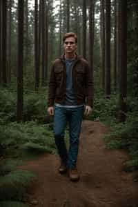 man with enticing allure in  rugged outdoor outfit in a serene forest setting