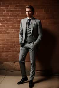(full-body shot) of man in  sharp, tailored suit against a classic brick wall background