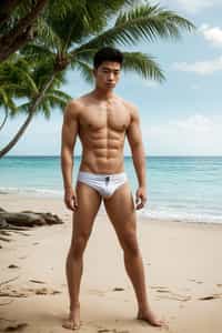 (full-body shot) of man in a  smart casual beach attire, posed against a vibrant beach setting
