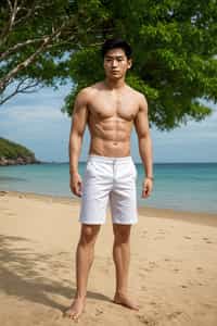 (full-body shot) of man in a  smart casual beach attire, posed against a vibrant beach setting