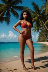(full-body shot) of woman in a sultry beachwear ensemble , posed against a vibrant beach setting