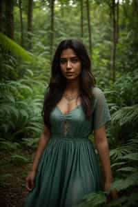woman with enticing allure in flowy bohemian dress  in a serene forest setting