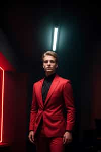 man wearing  (red suit) in night club neon lights