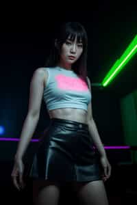 woman wearing mini skirt  in night club with neon lights