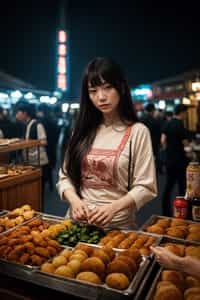 woman at a pop-up food market at night, combining the love for street food with nightlife