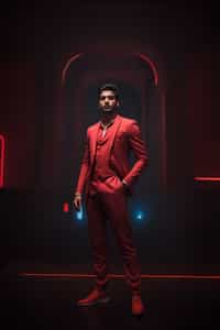 man wearing  (red suit) in night club neon lights