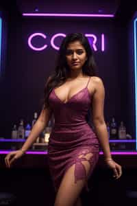 smiling woman hourglass figure,  in floral silk bodycon dress  at cocktail bar with neon lights