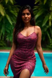 smiling woman with hourglass figure,  in floral silk bodycon dress  at pool party with neon lights